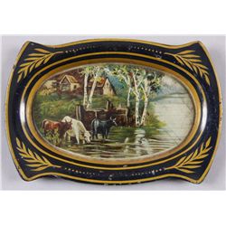 Original Tin Advertising Tip Tray - Mascot Tobacco5" across, showing cows and farm house by  stream.