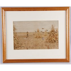 Color Print by A B FrastDepicting a hunter and his dogs after birds,  framed and matted, approx 24"x