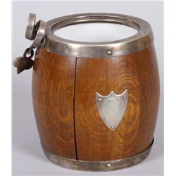 Antique Tobacco Storage BarrelCeramic lined oak barrel with silver fixture,  no lid.