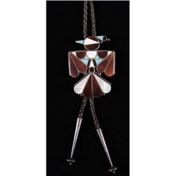 Men's Kachina Bird Bolo TieInlaid turquoise, Mother of Pearl and onyx,  unsigned, set  in sterling s