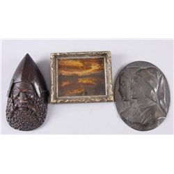 Bonanza Dealers LotIncluding a miniature reverse painted picture  by Asahel Curtis 1874-1941, a bron