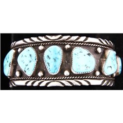 Men's Old Pawn Cuff Bracelet7 natural Turquoise cabs, set in 2.72 oz of  beautiful sterling silver, 