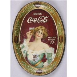 Original Tin Advertising Tray - Drink Coca Cola"Relieves Fatigue", depicting a maiden  holding a gla