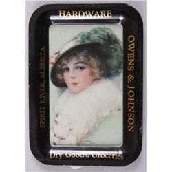 Original Tin Advertising Tray - Owens & Johnson"Spirit River, Alberta; Hardware, Dry Goods,  Groceri