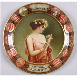 Original Tin Advertising Tray-National Cigar Stand"Our Brands", depicting a main holding  flowers, r