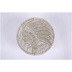 Chippewa Fully Coiled Lidded BasketBirch bark, Indian Chief design on lid, Circa  1920s, measures 8"