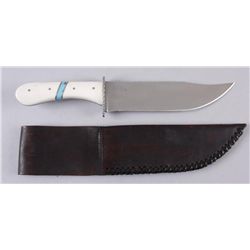 Ellis Sloan Bowie KnifeBone handles, turquoise insert, steel blade,  #1095, signed, decorative file 