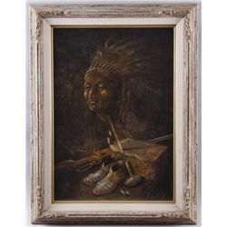 Oil on Canvas by WiderspanSigned still life, depicting a Indian chief  and Henry rifle. Image measur