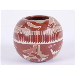 Pueblo Santa Clara Redware BowlPolychrome feathers and serpant design, super  fine quality, signed E