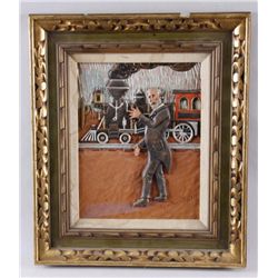 Carving of a Man with a LocomotiveImportant Arizona artist Cornelius Smith  signed carving of his Gr