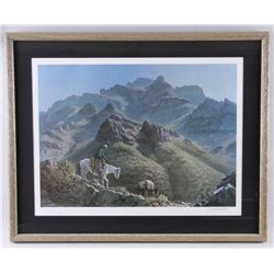 "Partners" Limited Edition LithographDepicting a cowboy with pack mule in the  Superstition Mountain