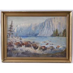 Original Oil on Canvas Depicting a Buffalo Runby J.J. Meany dated 1931, image measures 38 X  27.