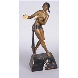 Bronze Figurine of Dancer with Ivory TambourinesArt Deco Era, on marble base, unsigned,  measures 15