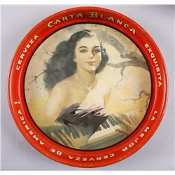 Original Tin Advertiser - Carta Blanca13" across depicting a Mexican lady, round,  for Carta Blanca 
