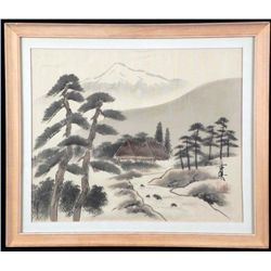 Chinese Silk Art Painting Houses by a Mountain -Framed