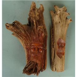 2 Pete Cobb Hand Carved Tree Trunk Sculptures Faces