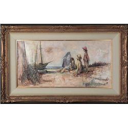 Original 1960s Painting Children on Shore -Framed