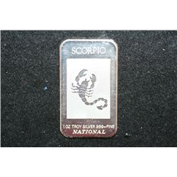 National "Scorpio" Silver Ingot; 999+ Fine Silver 1 Oz.