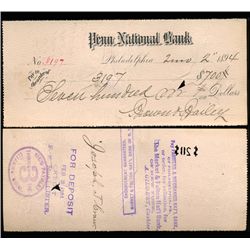 1894 Orig Penn Nat'l Bank Phila. Cashier's Check (CUR-06244)