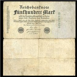 1922 Germany 500 Mark Note Hi Grade Rare (CUR-05669)