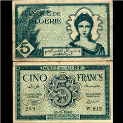 1942 Algeria 5 Franc Note Circulated (CUR-07064)