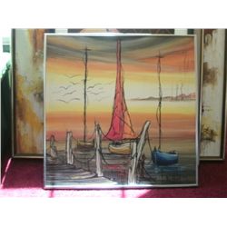 1972 SIGNED ORIGINAL OIL PAINTING OF HARBOR WITH DISTANT ISLAND