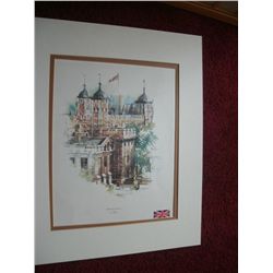 FRAMED MATTED WOOD AND GLASS POSTER OF TOWER OF LONDON BY ERIC MASON  25"X 21"