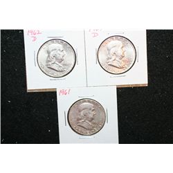 1961, 1962-D & 1963-D Ben Franklin Half Dollar; Lot of 3