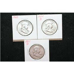 1951-D, 1954-D & 1963 Ben Franklin Half Dollar; Lot of 3