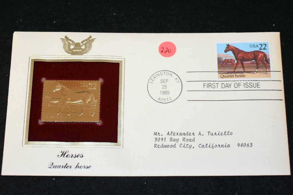 1985 First Day of Issue 22K Gold Replica Stamp W/Postal Stamp; Horses