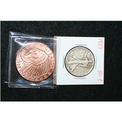 1937 Walking Liberty Half Dollar & Golden State Mint Copper Round; .999 Fine Copper 1 Oz.; Lot of 2