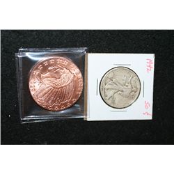 1942 Walking Liberty Half Dollar & Golden State Mint Copper Round; .999 Fine Copper 1 Oz.; Lot of 2