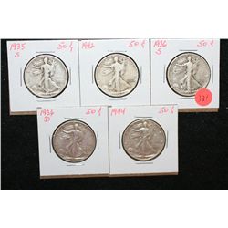 1935-S, 1936-S, 1936-D, 1942 & 1944 Walking Liberty Half Dollar; Lot of 5