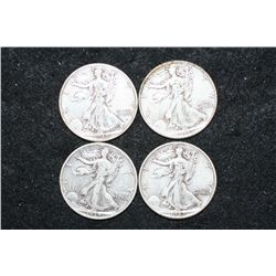 1939, 1940, 1941 & 1942 Walking Liberty Half Dollar; Lot of 4