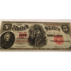 1907 $5 FIVE DOLLAR LEGAL TENDER NOTE WOODCHOPPER