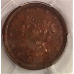 1857 BRAIDED HAIR 1/2 CENT AU-55