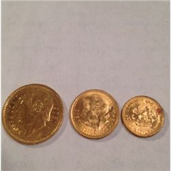 3 Mexico Gold Pesos Coins, Uno, Dos, Cinco