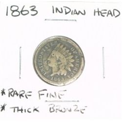 1863 INDIAN HEAD PENNY *EXTREMELY RARE THICK BRONZE COIN FINE GRADE - RED BOOK VALUE IS $20.00+ - NI