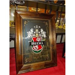 Vintage Becks Beer Product of Germany Bar Mirror Sign in Wooden Frame approx 23" x  17"