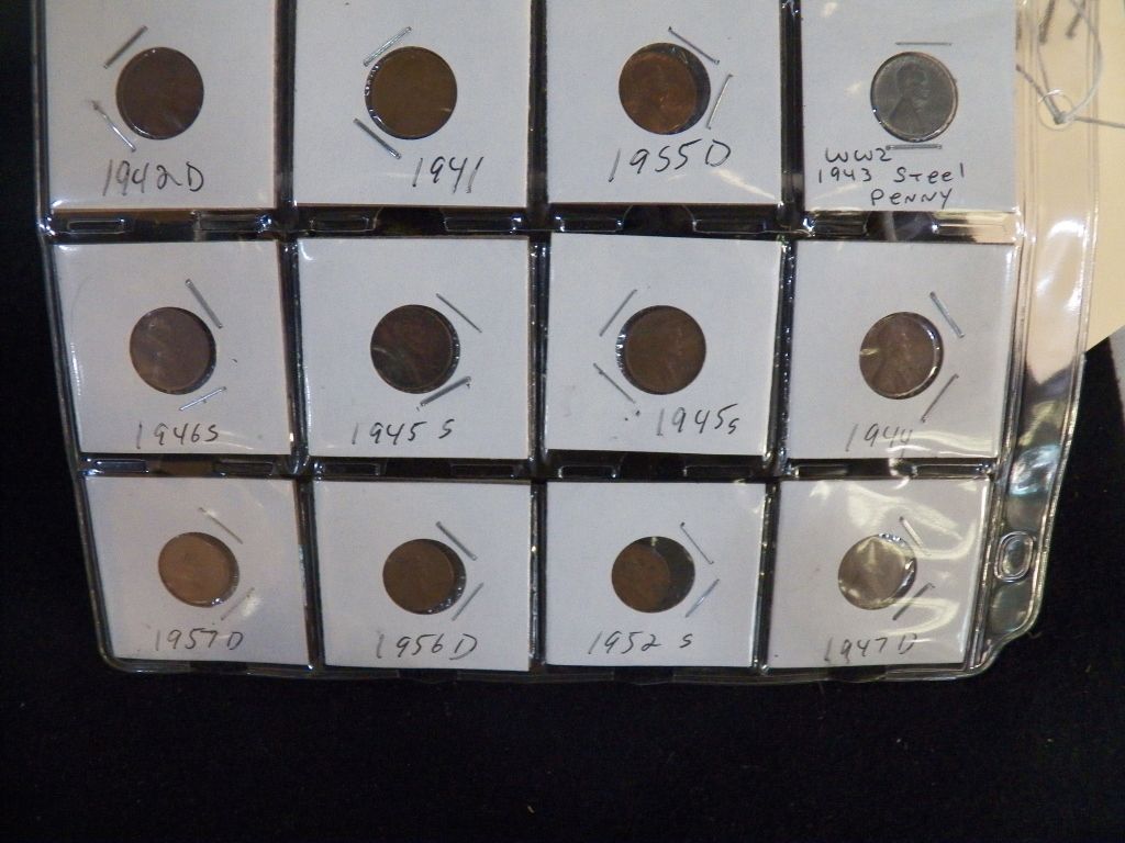 12Wheat Back Pennies 11941, 1942D, 1955D, 1943 steel, 1946S,21945S