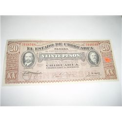 VERY RARE *MEXICAN 20 VEINTE PESOS* NOTE EXTREMELY RARE *CHIHUAHUA MINT STATE GRADE!!