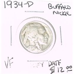 1934-D BUFFALO NICKEL RED BOOK VALUE IS $12.00 *RARE KEY DATE VERY FINE GRADE*!!