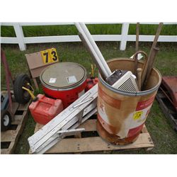 pallet w/seed corn, gas cans, aluminum ladder, misc