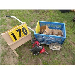 2 wheel cart w/gas powered drill, bits & misc