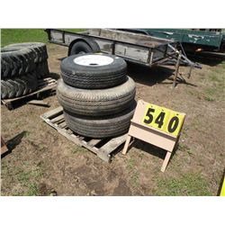 [2] 8000 lb forklift tires & [1] 875R16.5L tire on 8 bolt rim