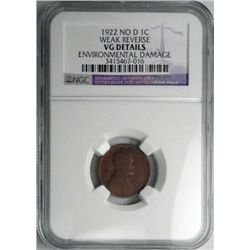 1922  no D  Lincoln penny  NGC VG weak rev  environ dmg