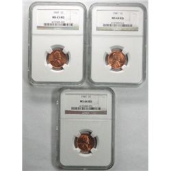 3   1947 Lincoln penny  NGC 64-65-66 RED