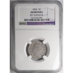 1894  V nickel  NGC AU rev dmg