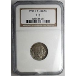 1937D  3 legger Buffalo nickel  NGC 15