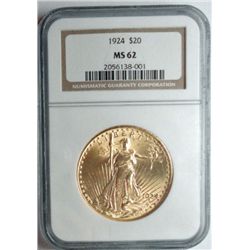 1924 $20.00 ST GAUDENS GOLD NGC MS62 NICE! EST. $1775.00-$1850.00